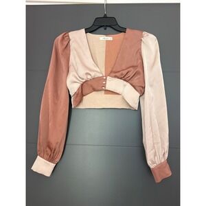 Molly Green Colorblock Satin Crop Top Long Sleeve V-Neck Blouse Terracotta Small
